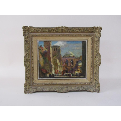 1259 - Frank Brangwyn - Procession, signed in mono, oil on board, framed, 23cm x 29cm.