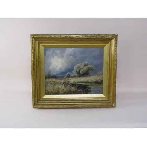 1265 - H Hadfield Cubley 1893 - Wind swept waterway, signed oil on canvas, framed, 42cm x 52cm.