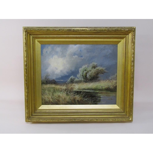 1265 - H Hadfield Cubley 1893 - Wind swept waterway, signed oil on canvas, framed, 42cm x 52cm.