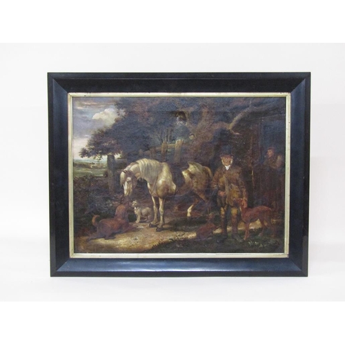 1266 - Henry William Carter - Huntsman with horse and dogs, oil on canvas, framed, 45cm x 60cm.