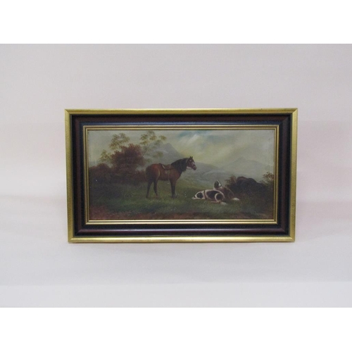 1268 - W Benion - A saddled horse and two dogs, signed oil on canvas, framed, 29cm x 59cm.