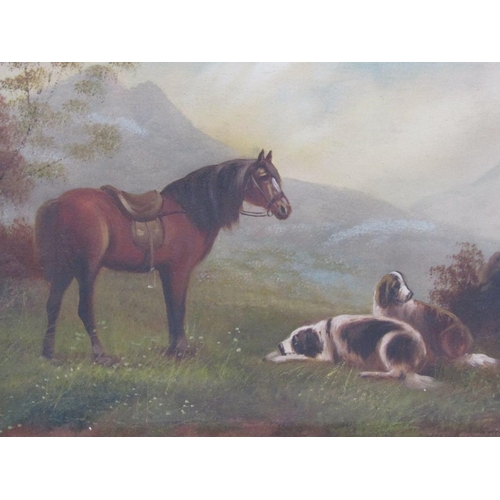 1268 - W Benion - A saddled horse and two dogs, signed oil on canvas, framed, 29cm x 59cm.