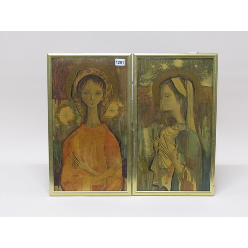 1201 - AGELL - PAIR, PORTRAIT OF MADONNA AND CHILD & FEMALE WORSHIPPING, OLEOGRAPHS, FRAMED, EACH 45CM X 25... 