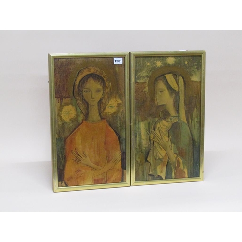 1201 - AGELL - PAIR, PORTRAIT OF MADONNA AND CHILD & FEMALE WORSHIPPING, OLEOGRAPHS, FRAMED, EACH 45CM X 25... 