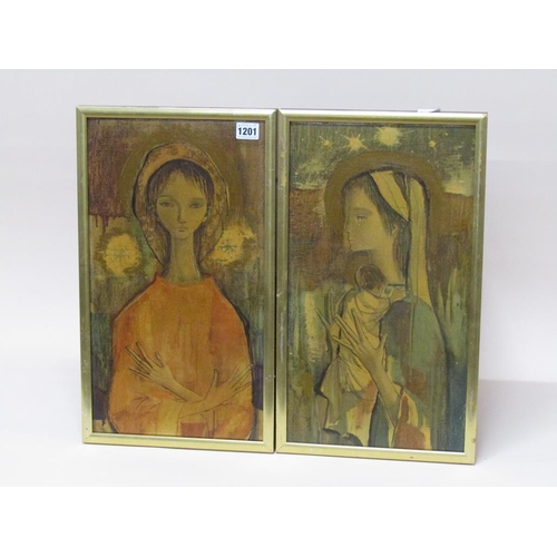 1201 - AGELL - PAIR, PORTRAIT OF MADONNA AND CHILD & FEMALE WORSHIPPING, OLEOGRAPHS, FRAMED, EACH 45CM X 25... 