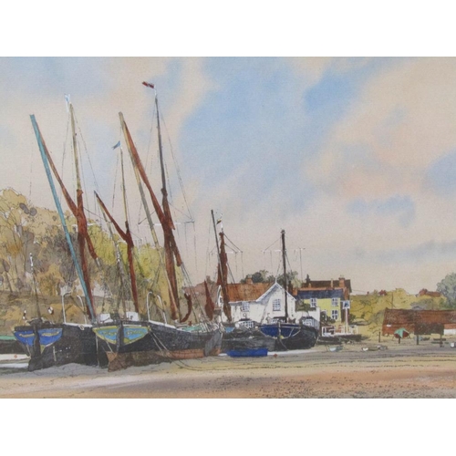 1203 - MICHAEL NORMAN - THAMES BARGES AT PIN MILL & THE MALTINGS AT SNAPE, BOTH BLACK INK AND WATERCOLOUR, ... 