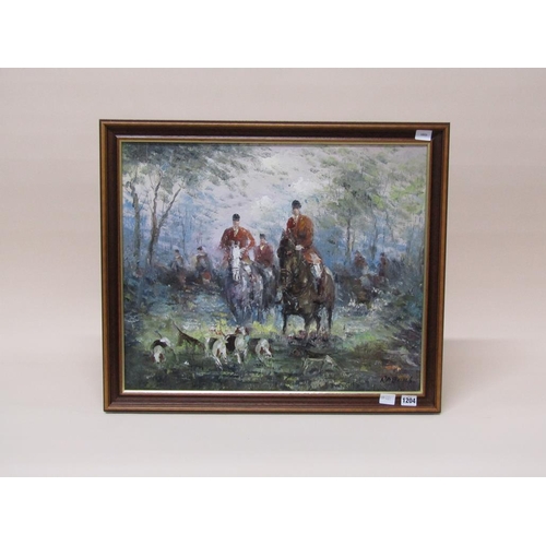 1204 - RABOUS - HUNT AND HOUNDS CLEARING COVER, SIGNED OIL ON CANVAS, FRAMED, 50CM X 60CM