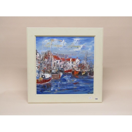 1205 - MARK HOLDEN - BUSY PORT PITTENWEEM, OIL ON CANVAS, SIGNED, FRAMED, 58CM X 58CM