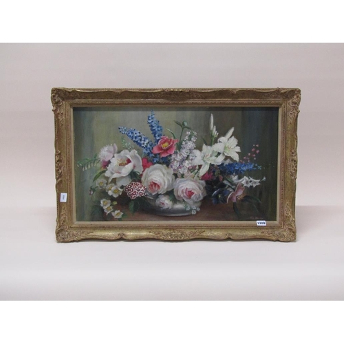 1209 - ALIX JENNINGS - VASE OF SUMMERTIME FLOWERS AND ROSES, SIGNED OIL ON BOARD, FRAMED, 48CM X 70CM