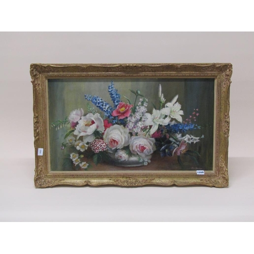 1209 - ALIX JENNINGS - VASE OF SUMMERTIME FLOWERS AND ROSES, SIGNED OIL ON BOARD, FRAMED, 48CM X 70CM