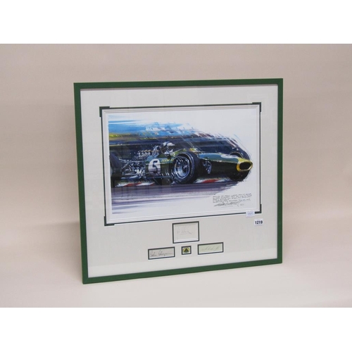 1219 - NICHOLAS WATTS - LOTUS 49, PRINT, WITH THREE ASSOCIATED SIGNATURES AND LOTUS BADGE, F/G, 58CM X 63CM