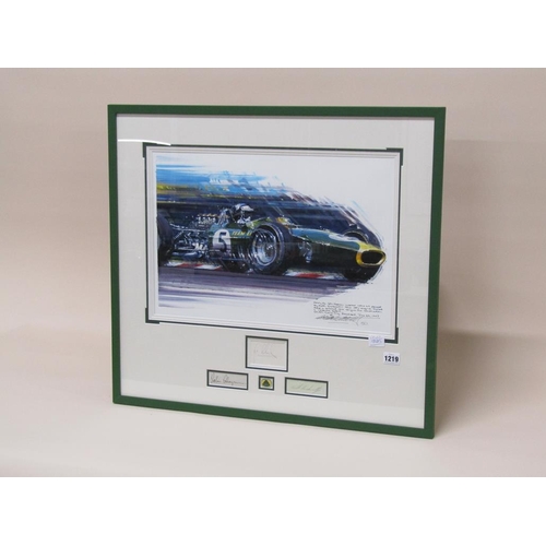 1219 - NICHOLAS WATTS - LOTUS 49, PRINT, WITH THREE ASSOCIATED SIGNATURES AND LOTUS BADGE, F/G, 58CM X 63CM