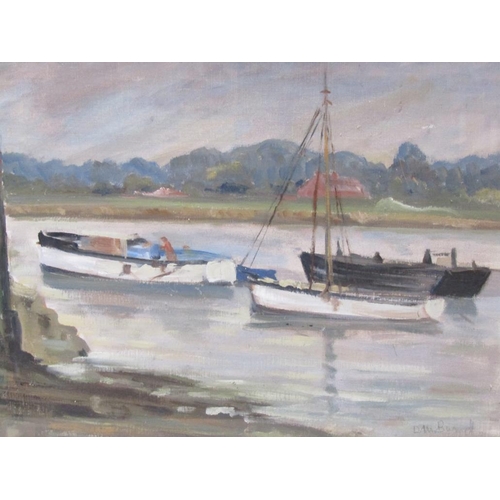 1222 - D M BURNELL - NAVIGATING A RIVER ESTUARY, SIGNED, MIXED MEDIA, F/G, 34CM X 48CM