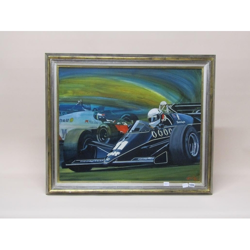 1225 - SIGNED INDISTINCTLY (POSSIBLY COURI) - LOTUS FORMULA I RACING CAR, SIGNED OIL ON CANVAS, FRAMED, 63C... 