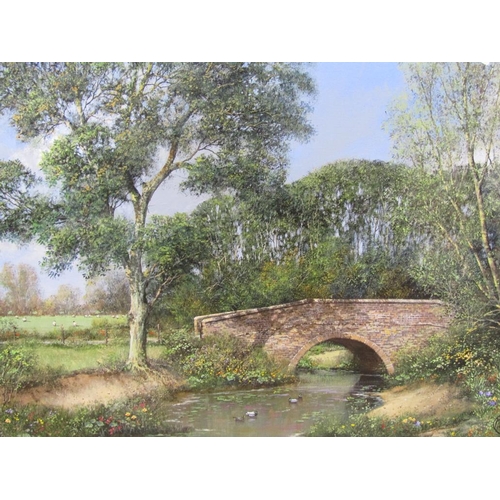 1226 - C MADGWICK - BRIDGE OVER RIVER IN RURAL SETTING, SIGNED OIL ON CANVAS, FRAMED, 51CM X 76CM