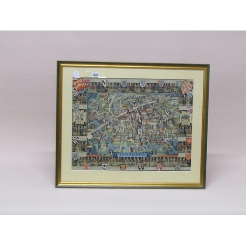 1237 - FRAMED AND COLOURED PRINT LAYOUT OF CAMBRIDGE WITH COLLEGE DETAILS, 44CM X 57CM