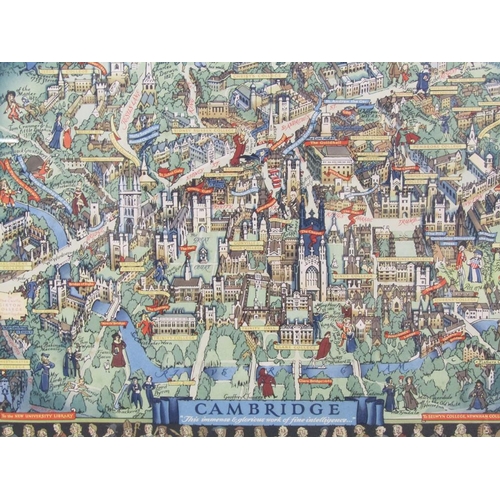 1237 - FRAMED AND COLOURED PRINT LAYOUT OF CAMBRIDGE WITH COLLEGE DETAILS, 44CM X 57CM