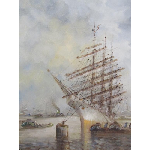 1238 - H LAMERS - THREE MAST SAILING VESSEL AT ANCHOR IN HARBOUR, SIGNED OIL ON CANVAS, FRAMED, 60CM X 50CM