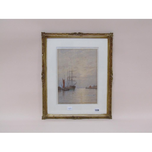 1239 - G S WALTERS - SAILING VESSEL AT ANCHOR, SIGNED WATERCOLOUR, F/G, 37CM X 26CM