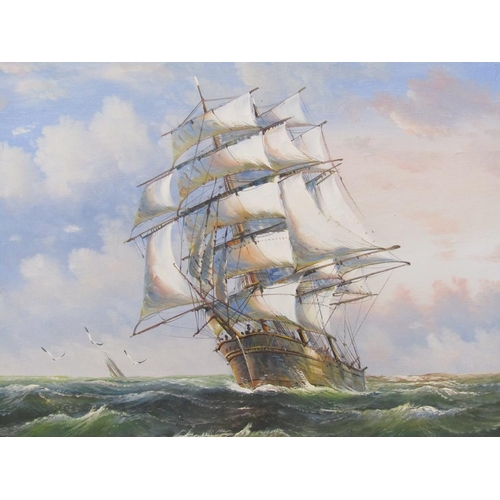 1242 - W SAOLA - SAILING VESSEL IN STRONG WATER, SIGNED OIL ON CANVAS, FRAMED, 50CMX 58CM