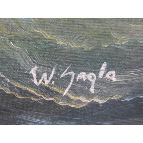 1242 - W SAOLA - SAILING VESSEL IN STRONG WATER, SIGNED OIL ON CANVAS, FRAMED, 50CMX 58CM