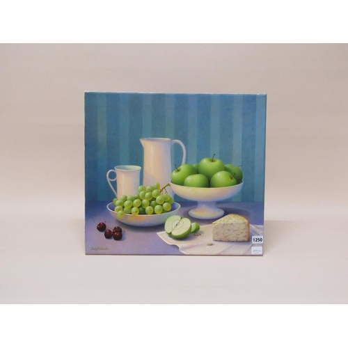 1250 - TRISHA HARDWICK - STILL LIFE, FRUIT AND CHEESE, TITLED 'LUNCH ON A SUMMERS DAY', UNFRAMED OIL OLN CA... 