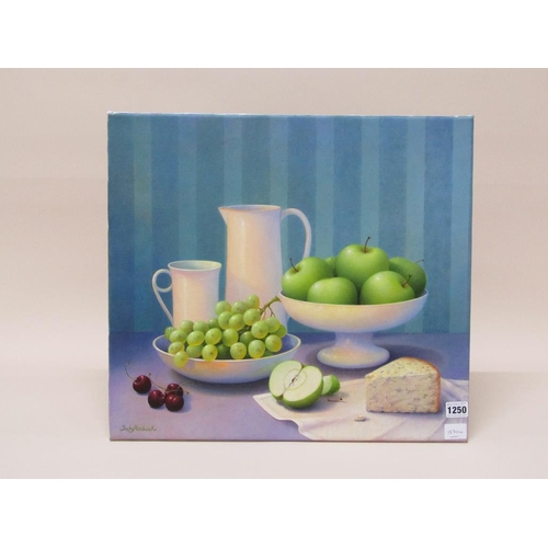 1250 - TRISHA HARDWICK - STILL LIFE, FRUIT AND CHEESE, TITLED 'LUNCH ON A SUMMERS DAY', UNFRAMED OIL OLN CA... 