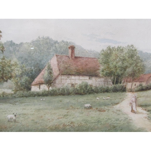 1253 - LUIGI BERNITER - LADY LEAVING A COTTAGE, SIGNED WATERCOLOUR, F/G, 30CM X 50CM