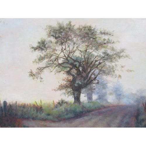 1264 - ALIX JENNINGS - AUTUMN ROADWAY PASSING OAK TREES, SIGNED OIL ON BOARD, FRAMED, 40CM X 60CM