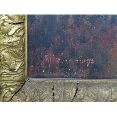 1264 - ALIX JENNINGS - AUTUMN ROADWAY PASSING OAK TREES, SIGNED OIL ON BOARD, FRAMED, 40CM X 60CM