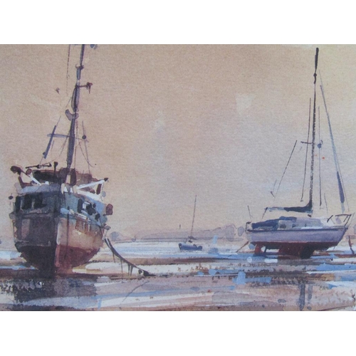 1233 - PAIR OF LIMITED EDITION SIGNED PRINTS - BOATS MOORED AT LOW TIDE BY RAY BALKWILL