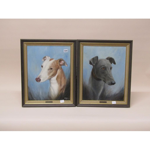 1234 - PAIR OF OIL ON CANVAS - RACING GREYHOUNDS, GREENFIELD JINX & HERBY'S BOY, SIGNED HAMN 92