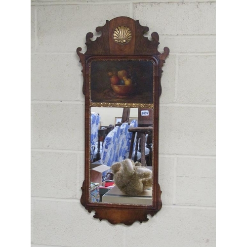 2035 - GEORGIAN STYLE FIGURED MAHOGANY WALL MIRROR WITH FRUIT PAINTED PANEL 94cms H x 43 cms W