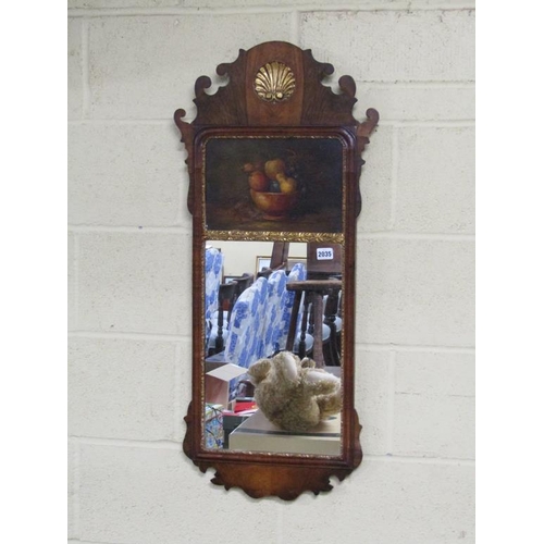 2035 - GEORGIAN STYLE FIGURED MAHOGANY WALL MIRROR WITH FRUIT PAINTED PANEL 94cms H x 43 cms W