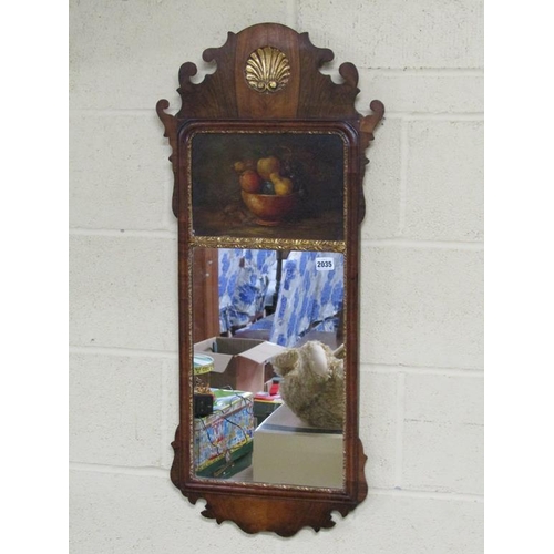 2035 - GEORGIAN STYLE FIGURED MAHOGANY WALL MIRROR WITH FRUIT PAINTED PANEL 94cms H x 43 cms W