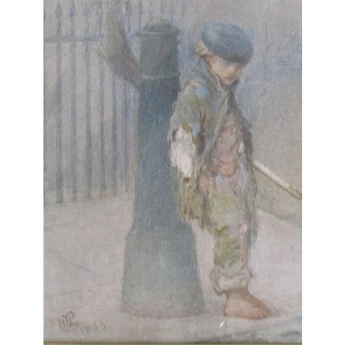 1241 - Albert Ludovici Snr 1820/1894 - A young street boy leaning against a bollard on a street corner, sig... 