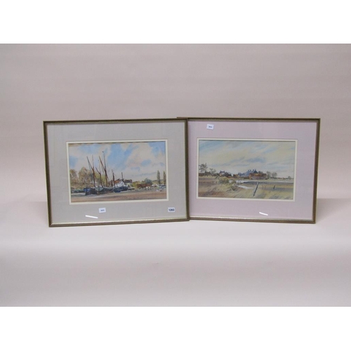 1203 - MICHAEL NORMAN - THAMES BARGES AT PIN MILL & THE MALTINGS AT SNAPE, BOTH BLACK INK AND WATERCOLOUR, ... 