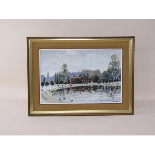 1220 - Jeremy King 83 - Kensington Palace, signed oil on board, framed, 39cm x 60cm.