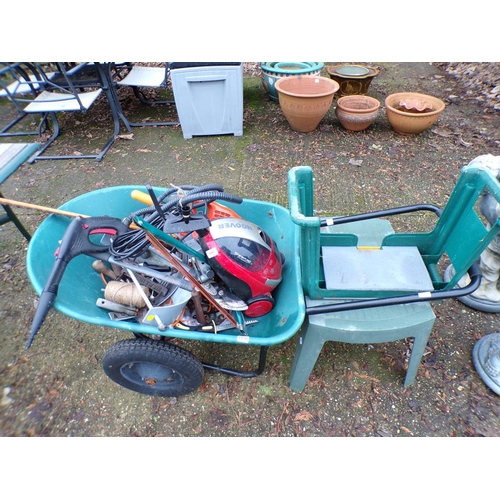 1030 - WHEELBARROW, TABLE, TOOLS ETC