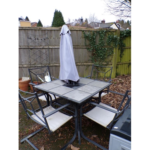 1035 - GARDEN TABLE AND FOUR CHAIRS PLUS PARASOL; STORAGE UNIT AND CUSHIONS