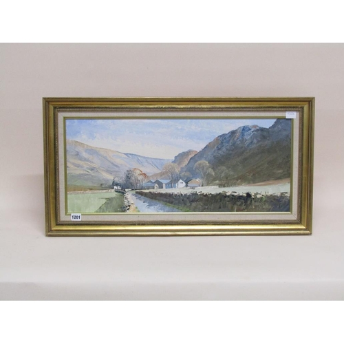 1201 - HARLEY CROSSLEY - STONETHWAITE, LAKE DISTRICT, SIGNED OIL ON BOARD, FRAMED, 30CM X70CM