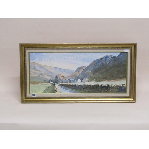 1201 - HARLEY CROSSLEY - STONETHWAITE, LAKE DISTRICT, SIGNED OIL ON BOARD, FRAMED, 30CM X70CM