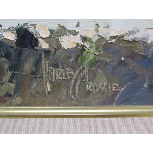 1201 - HARLEY CROSSLEY - STONETHWAITE, LAKE DISTRICT, SIGNED OIL ON BOARD, FRAMED, 30CM X70CM