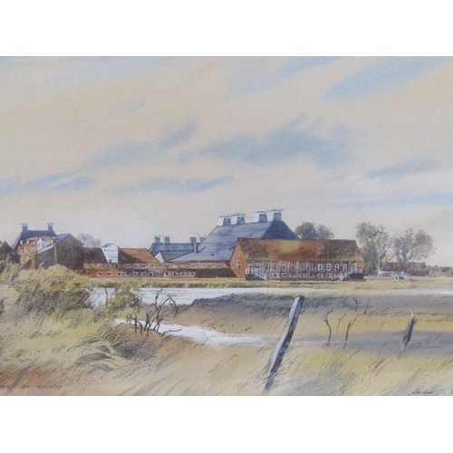 1203 - MICHAEL NORMAN - THAMES BARGES AT PIN MILL & THE MALTINGS AT SNAPE, BOTH BLACK INK AND WATERCOLOUR, ... 