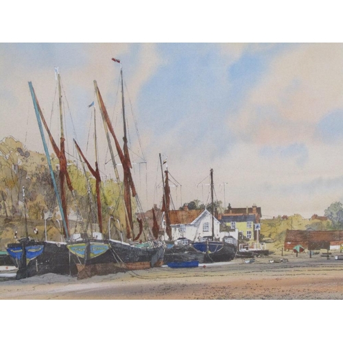 1203 - MICHAEL NORMAN - THAMES BARGES AT PIN MILL & THE MALTINGS AT SNAPE, BOTH BLACK INK AND WATERCOLOUR, ... 