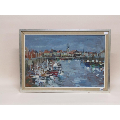 1204 - SIGNED INDISTINCTLY - QUIET HARBOUR, OIL ON BOARD, FRAMED, 50CM X 75CM