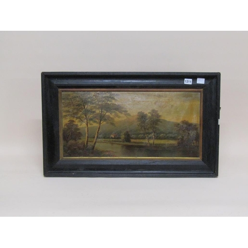 1211 - UNSIGNED 19C - RIVERSCAPE WITH DISTANT HILLS, OIL ON BOARD, FRAMED, 28CM X 58CM