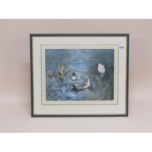 1212 - ALEX WILLIAMS - DUCKS IN WINTER, INFORMATION TO REVERSE, WATERCOLOUR, F/G, 31CM X 41CM