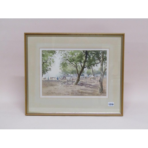 1219 - HARRY SHELDON - CATTLE MARKET IN GAMBIA, SIGNED WATERCOLOUR, F/G, 25CM X 35CM