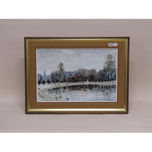 1220 - Jeremy King 83 - Kensington Palace, signed oil on board, framed, 39cm x 60cm.